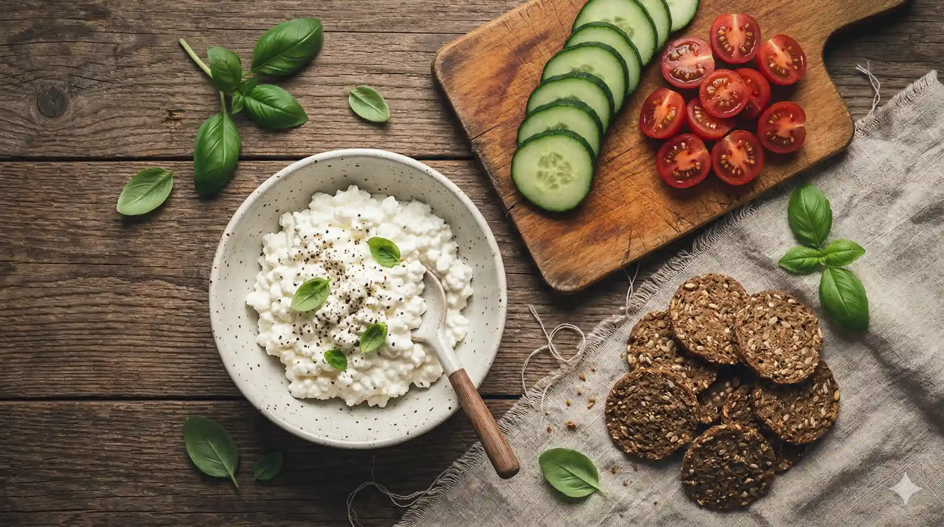 Voedingswaarden cottage cheese: portie met groenten op snijplank