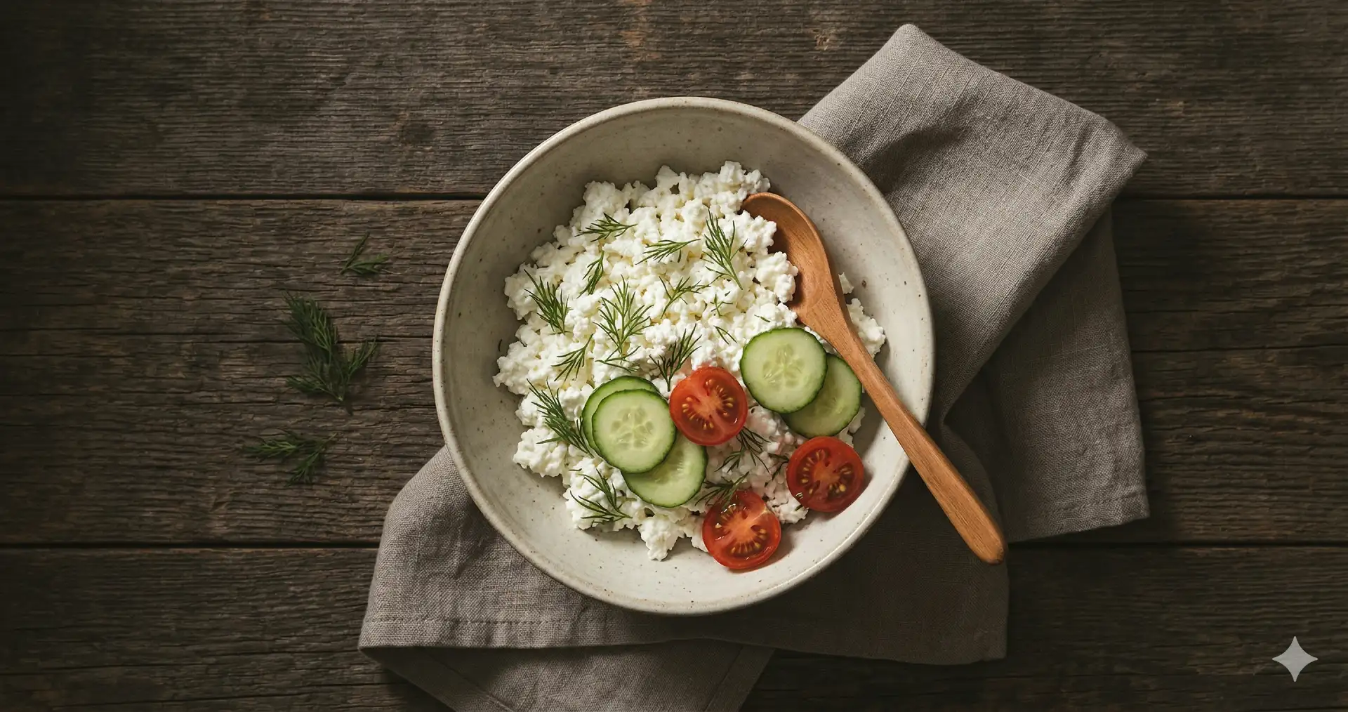 Cottage cheese gezond: kom met verse kaas, kruiden en groenten