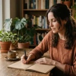 Vrouw schrijft in dankbaarheidsdagboek bij warm avondlicht
