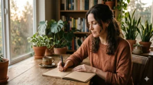 Vrouw schrijft in dankbaarheidsdagboek bij warm avondlicht