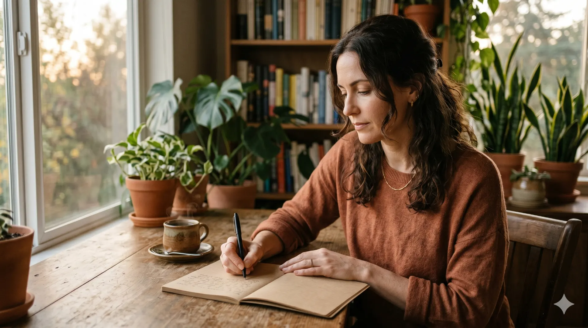 Vrouw schrijft in dankbaarheidsdagboek bij warm avondlicht