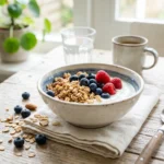 Kom granola met yoghurt en bosvruchten als gezond ontbijt