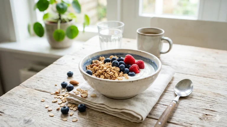Kom granola met yoghurt en bosvruchten als gezond ontbijt