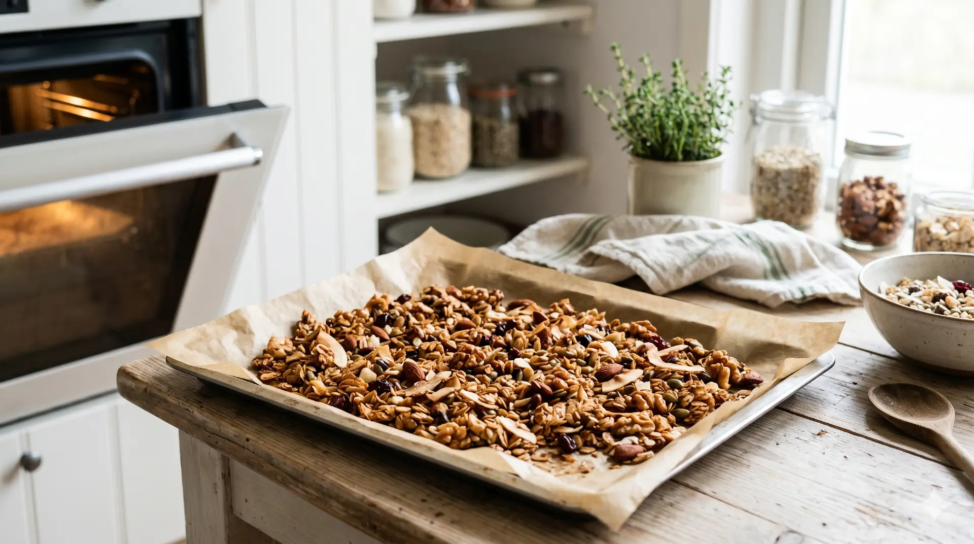 Zelfgemaakte granola op bakpapier, goudbruin geroosterd