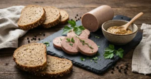 Leverworst op rustieke snijplank met volkoren brood