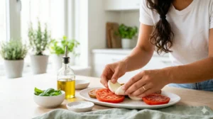 Is mozzarella gezond: verse mozzarella met tomaat en basilicum op houten snijplank