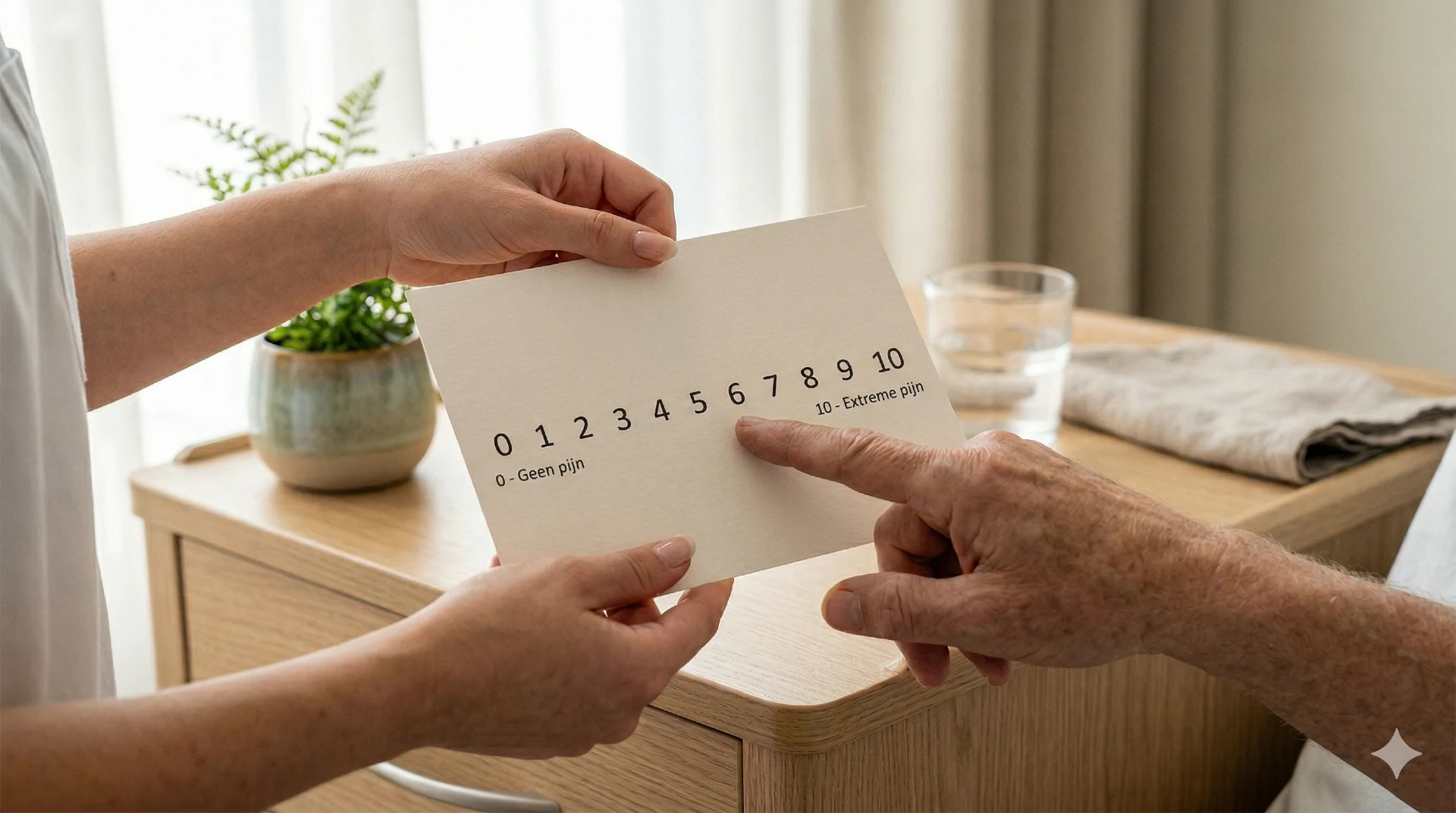 Verpleegkundige toont NRS pijnschaal aan patiënt