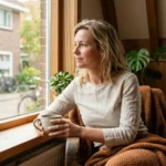 Vrouw ervaart oestrogeen tekort symptomen bij het raam