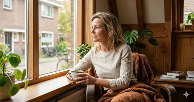 Vrouw ervaart oestrogeen tekort symptomen bij het raam