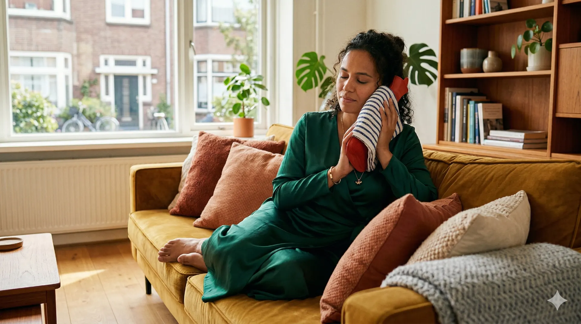 Oorpijn oma weet raad: vrouw houdt warmtekruik tegen haar oor
