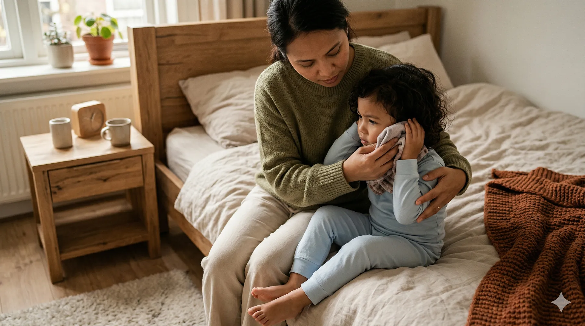 Kind met oorpijn wordt door moeder getroost