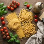 Is pasta gezond: verschillende pastasoorten met verse groenten en kruiden