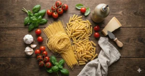 Is pasta gezond: verschillende pastasoorten met verse groenten en kruiden