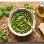 Kom met groene pesto, verse basilicum, olijfolie en pijnboompitten op een houten plank