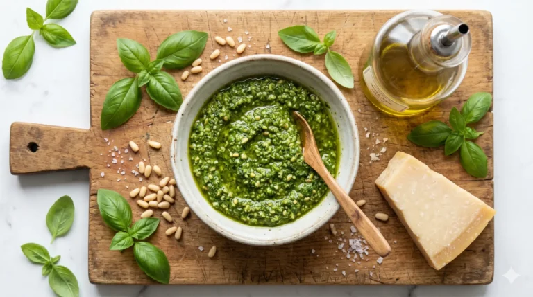 Kom met groene pesto, verse basilicum, olijfolie en pijnboompitten op een houten plank