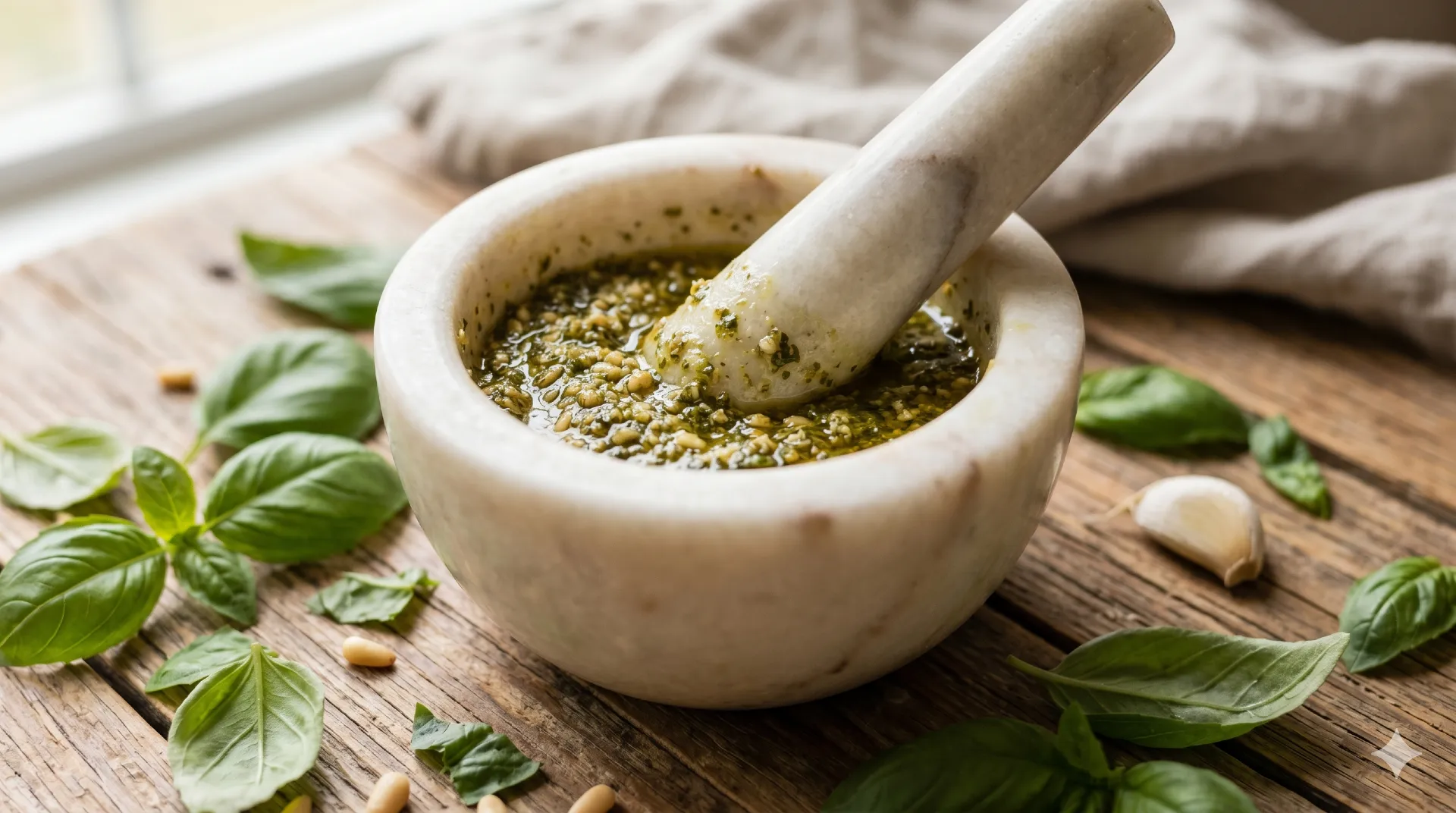 Vijzel met pesto in voorbereiding, basilicumbladeren eromheen