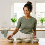 Seed cycling zaden op houten aanrecht: lijnzaad, pompoenpitten, sesamzaad en zonnebloempitten