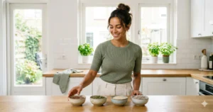 Seed cycling zaden op houten aanrecht: lijnzaad, pompoenpitten, sesamzaad en zonnebloempitten