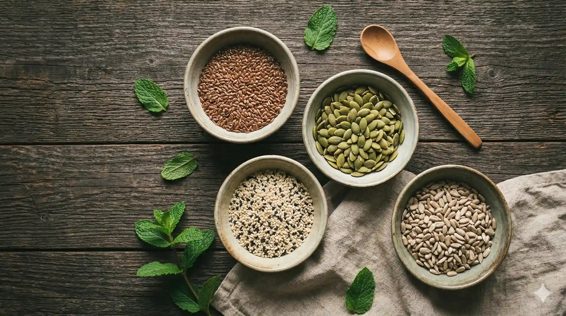 Seed cycling schema: lijnzaad en pompoenpitten follikulaire fase, sesamzaad en zonnebloempitten luteale fase