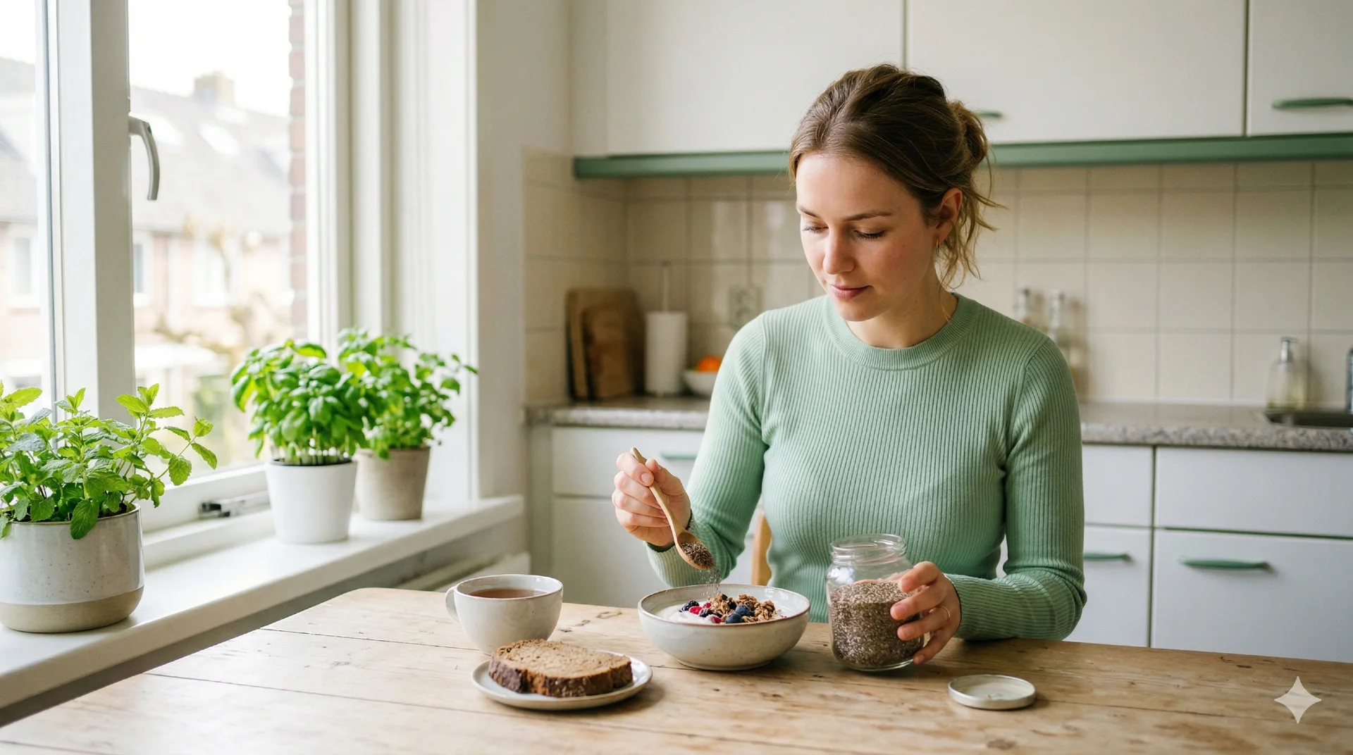 Vrouw strooit gemalen lijnzaad over yoghurt als onderdeel van seed cycling