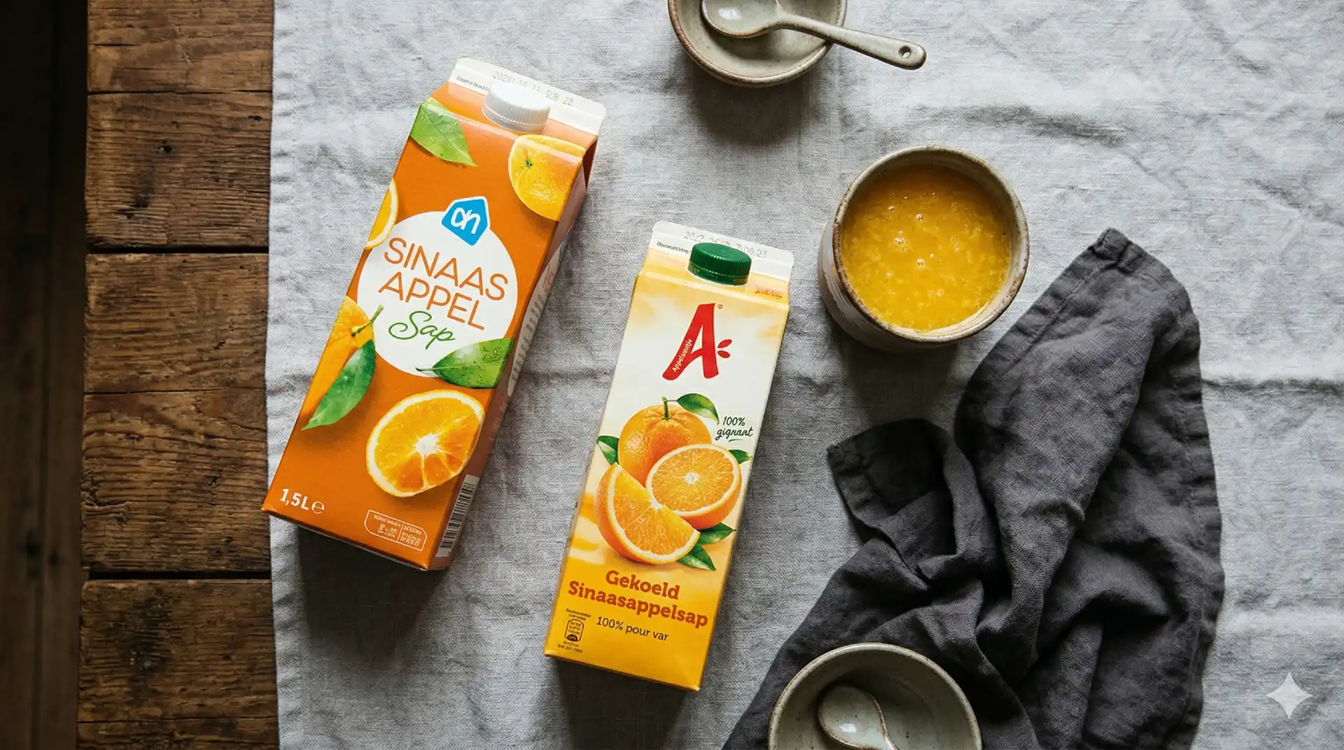 Versgeperst sinaasappelsap naast sap uit concentraat