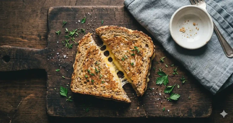 Is tosti gezond: volkoren tosti met gesmolten kaas op snijplank