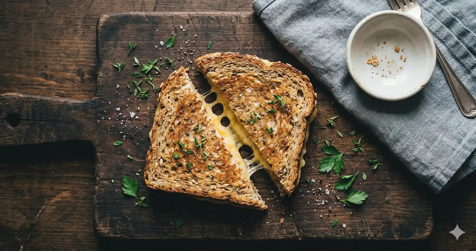 Is tosti gezond: volkoren tosti met gesmolten kaas op snijplank