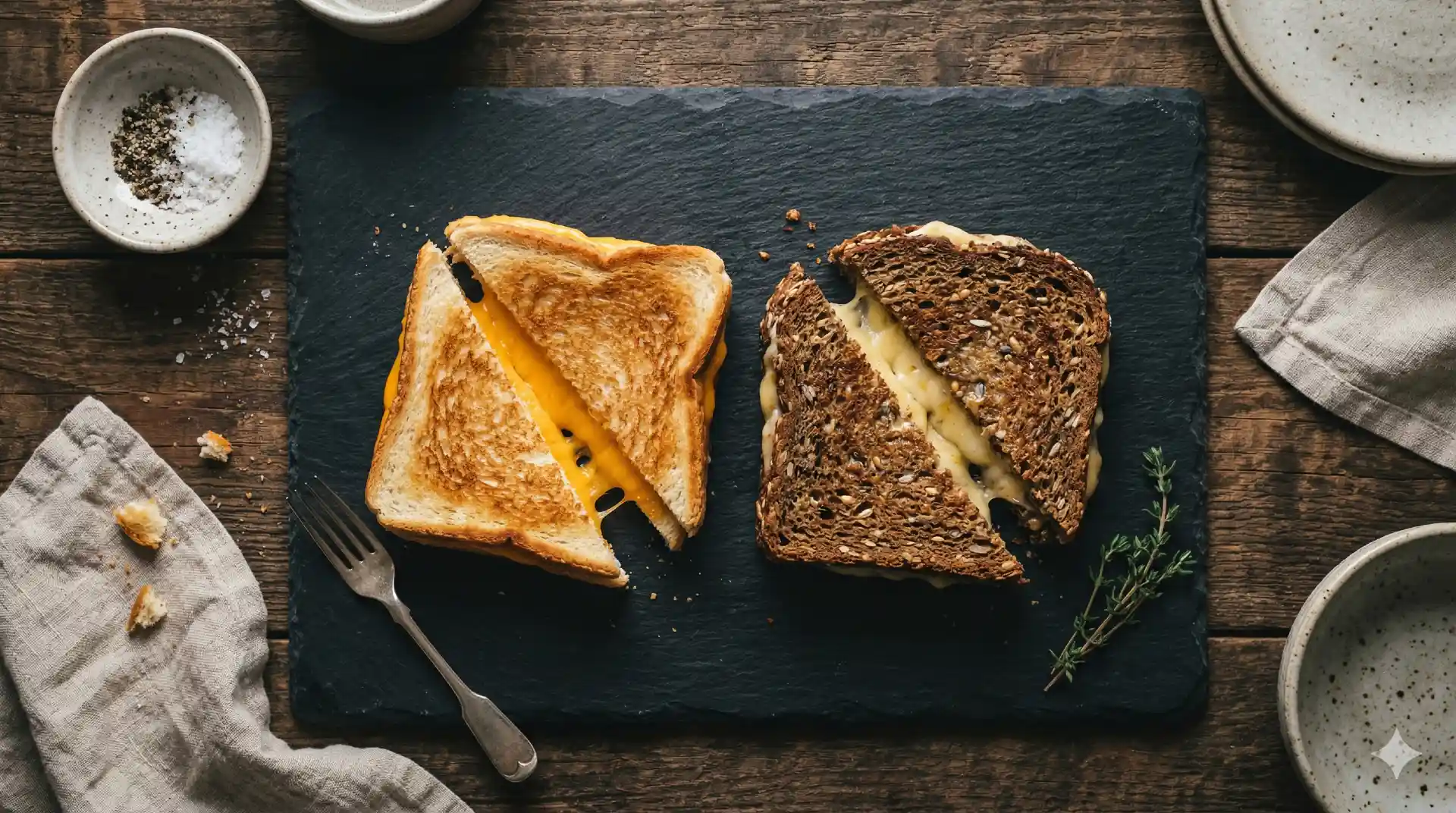 Witte en volkoren tosti naast elkaar met zichtbaar verschil in broodsoort