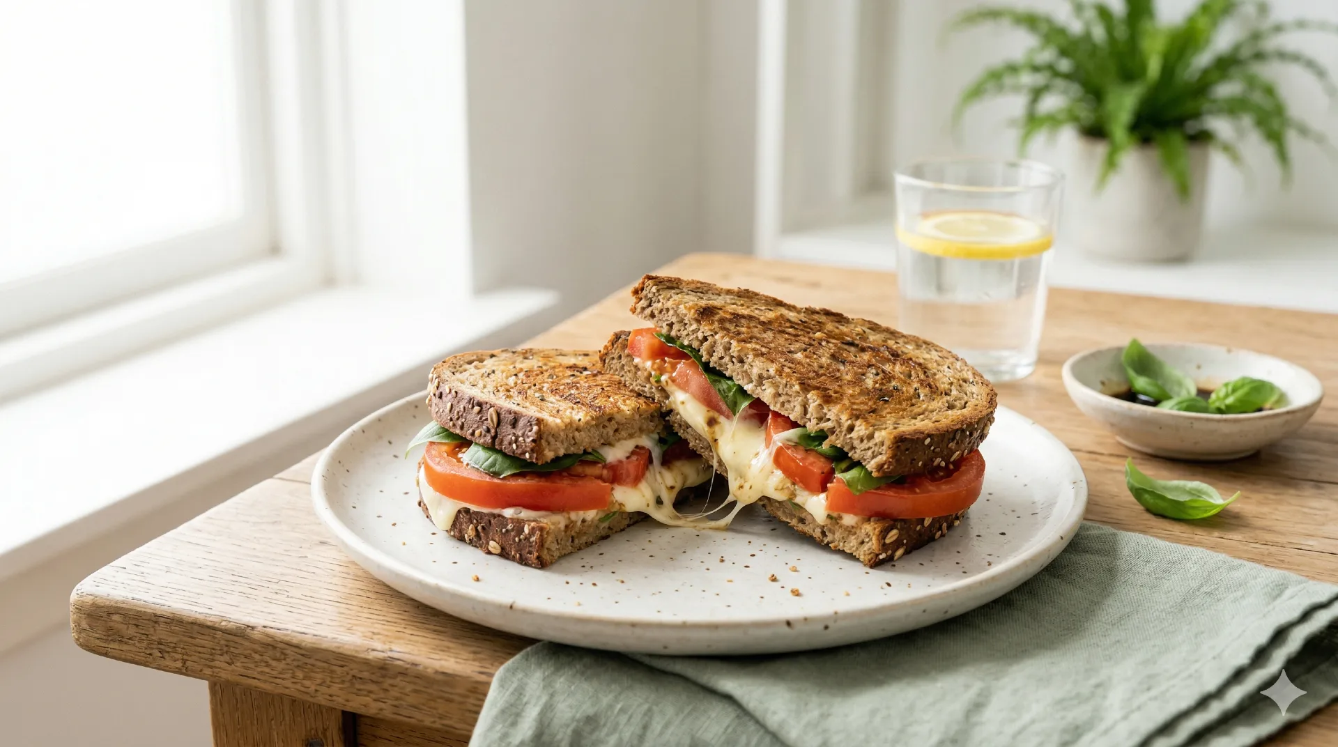 Gezonde tosti caprese met tomaat, mozzarella en verse basilicum