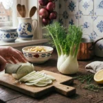 Is venkel gezond; venkelknol met loof op houten snijplank