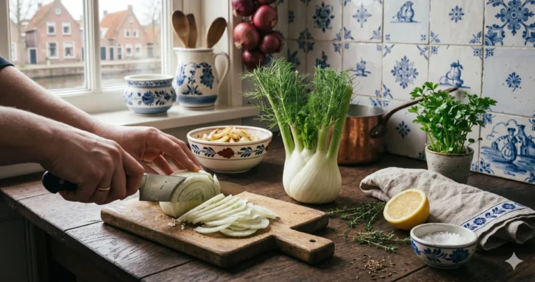 Is venkel gezond; venkelknol met loof op houten snijplank