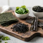 Diverse soorten zeewier gezond op houten plank met nori wakame en zeesla
