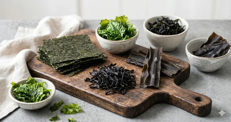 Diverse soorten zeewier gezond op houten plank met nori wakame en zeesla