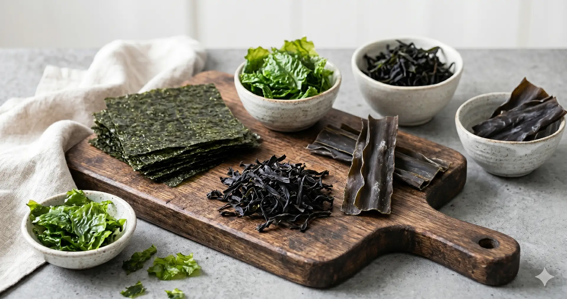 Diverse soorten zeewier gezond op houten plank met nori wakame en zeesla