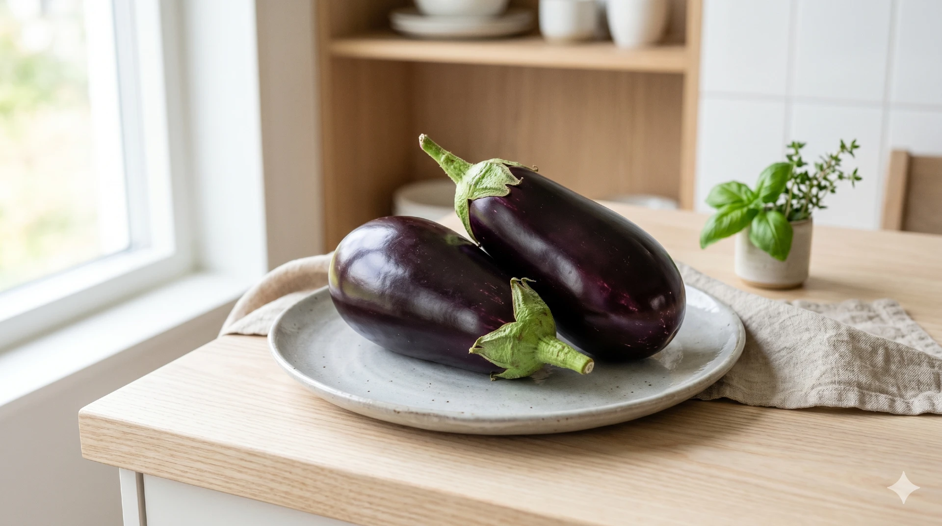 Twee verse paarse aubergines op een lichte keramische plaat; aubergine gezond