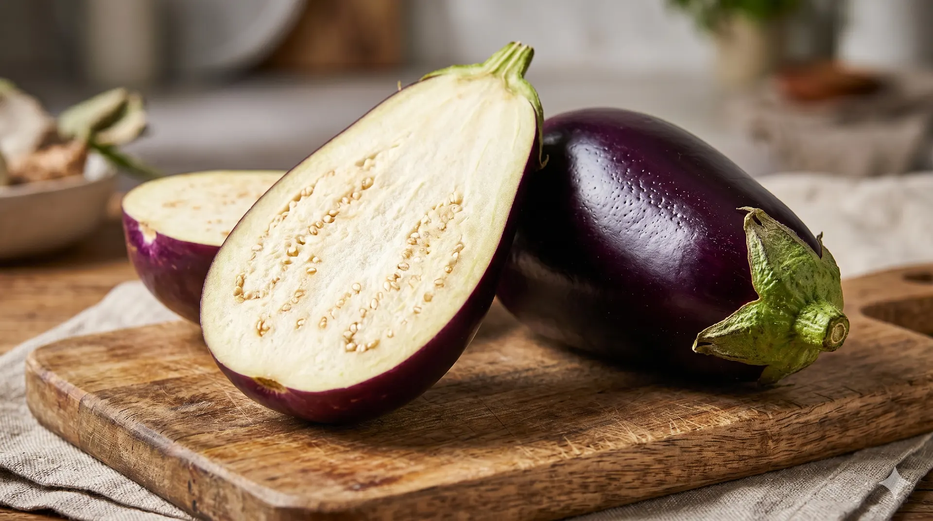 Doorgesneden aubergine met paarse schil en sponzig vruchtvlees zichtbaar