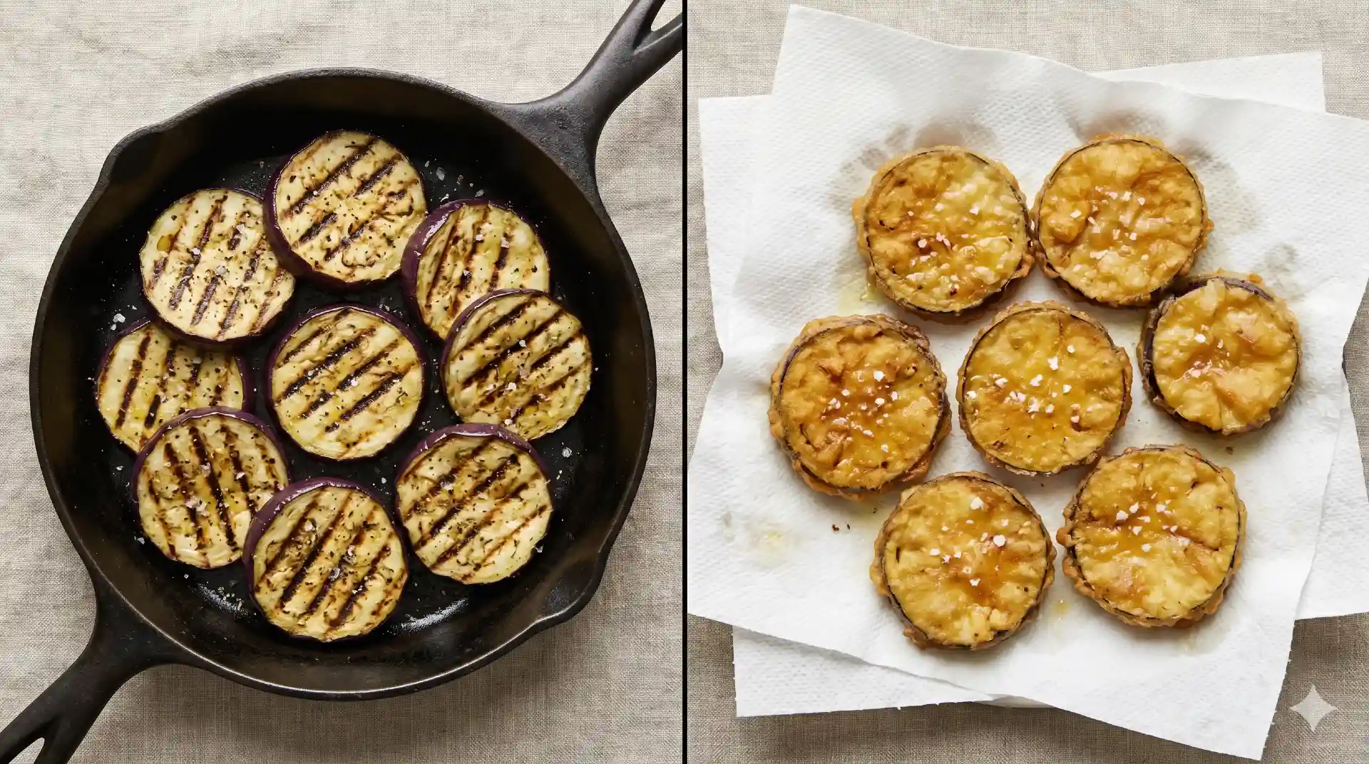 Vergelijking gegrilde aubergine met grill-strepen en gefrituurde aubergine; aubergine gezond bereiden