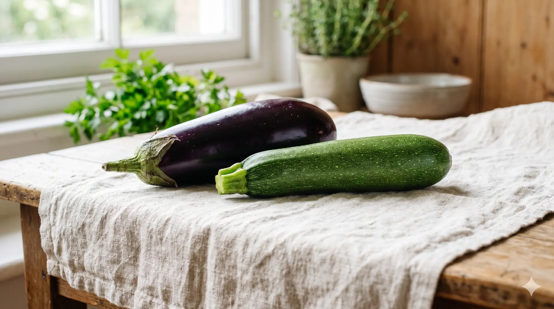 Aubergine en courgette naast elkaar op linnen achtergrond; vergelijking voedingswaarde