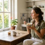 Vrouw eet bord brinta met banaan en kaneel in warme keuken