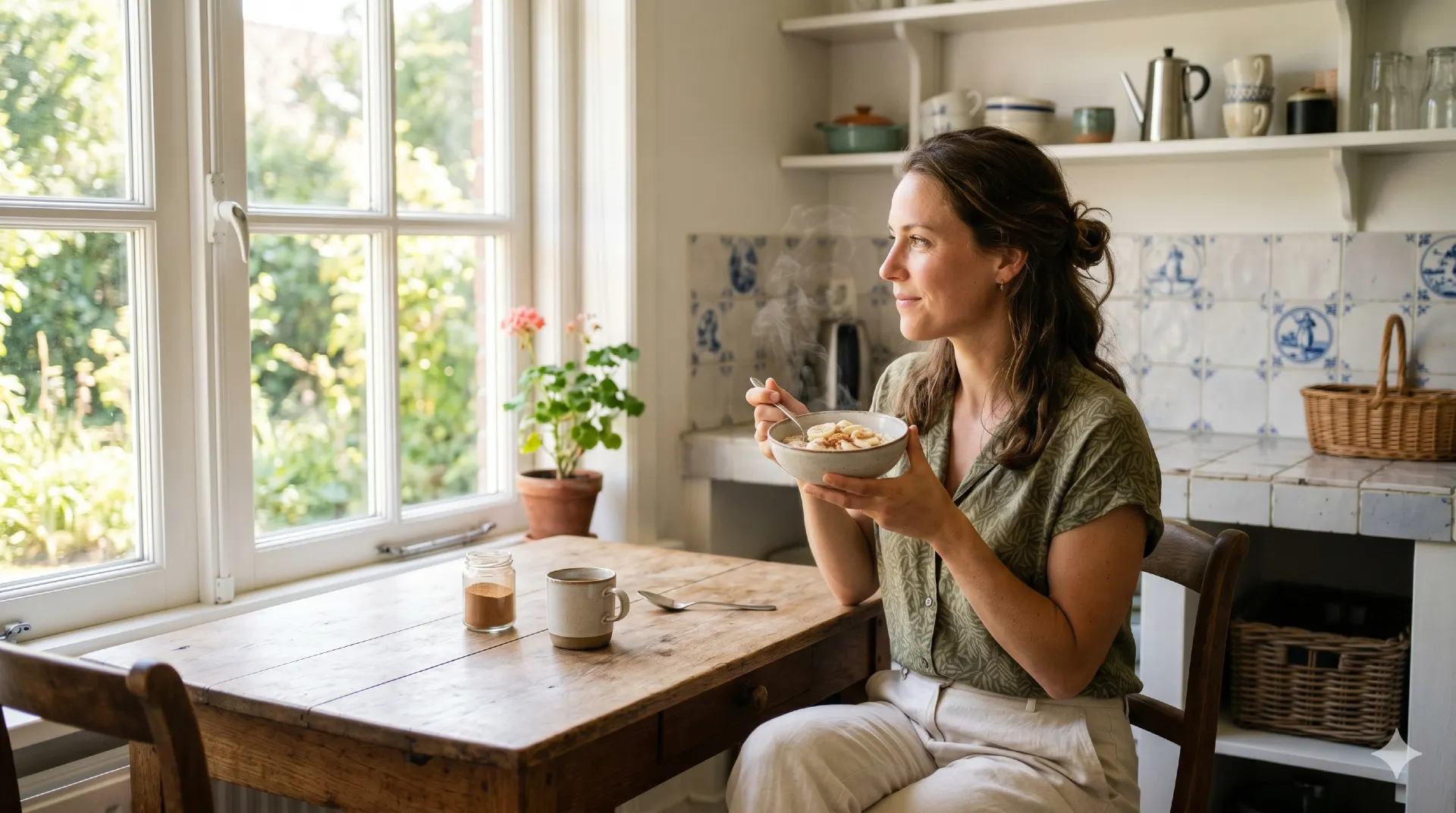 Vrouw eet bord brinta met banaan en kaneel in warme keuken