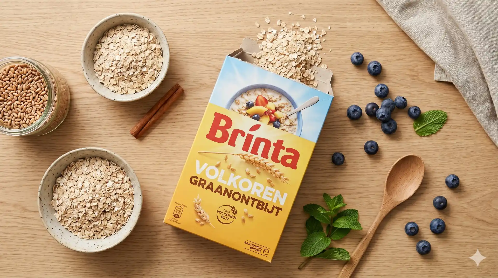 Brinta volkoren tarwemeel met granen, kaneel en bessen