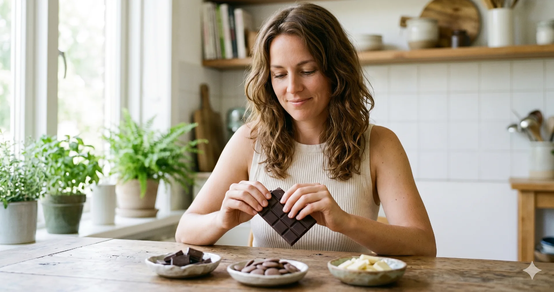 Welke chocola is gezond — vrouw kiest pure chocolade boven melk