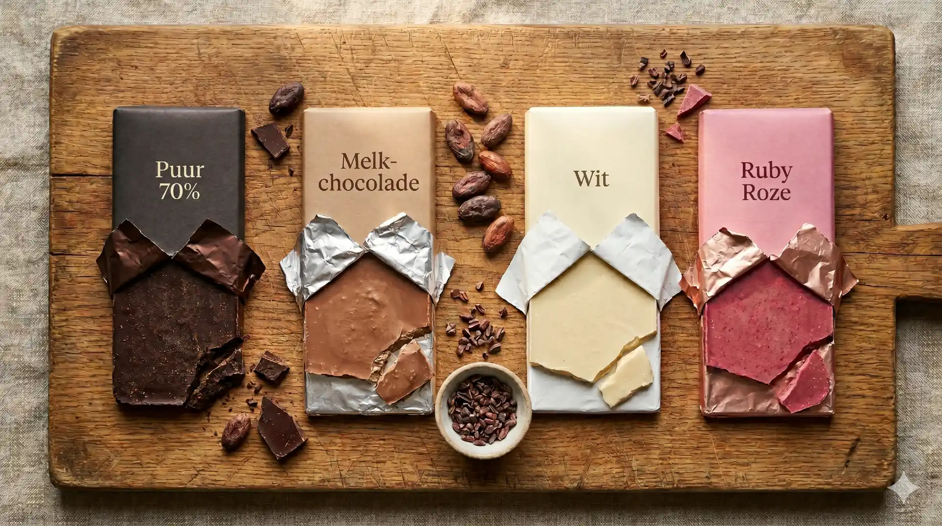 Vier soorten chocolade vergeleken: puur, melk, wit en ruby