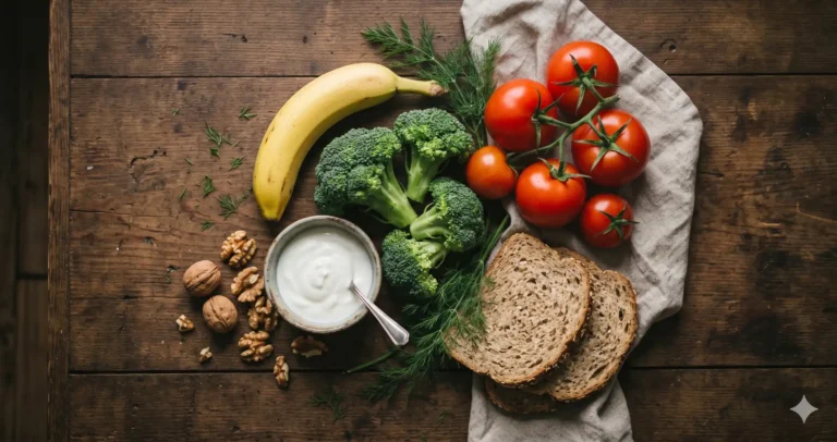 Ingrediënten van het DASH-dieet: groenten, fruit, volkoren brood en magere zuivel