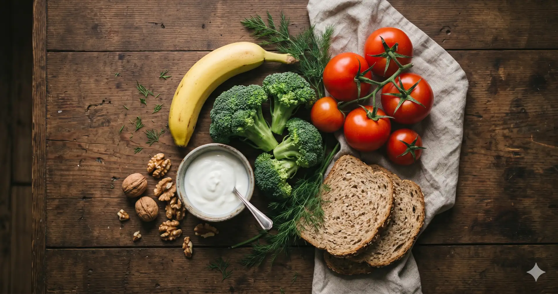 Ingrediënten van het DASH-dieet: groenten, fruit, volkoren brood en magere zuivel