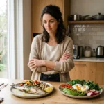 Welk dieet past bij mij, vrouw vergelijkt twee gezonde maaltijden in keuken