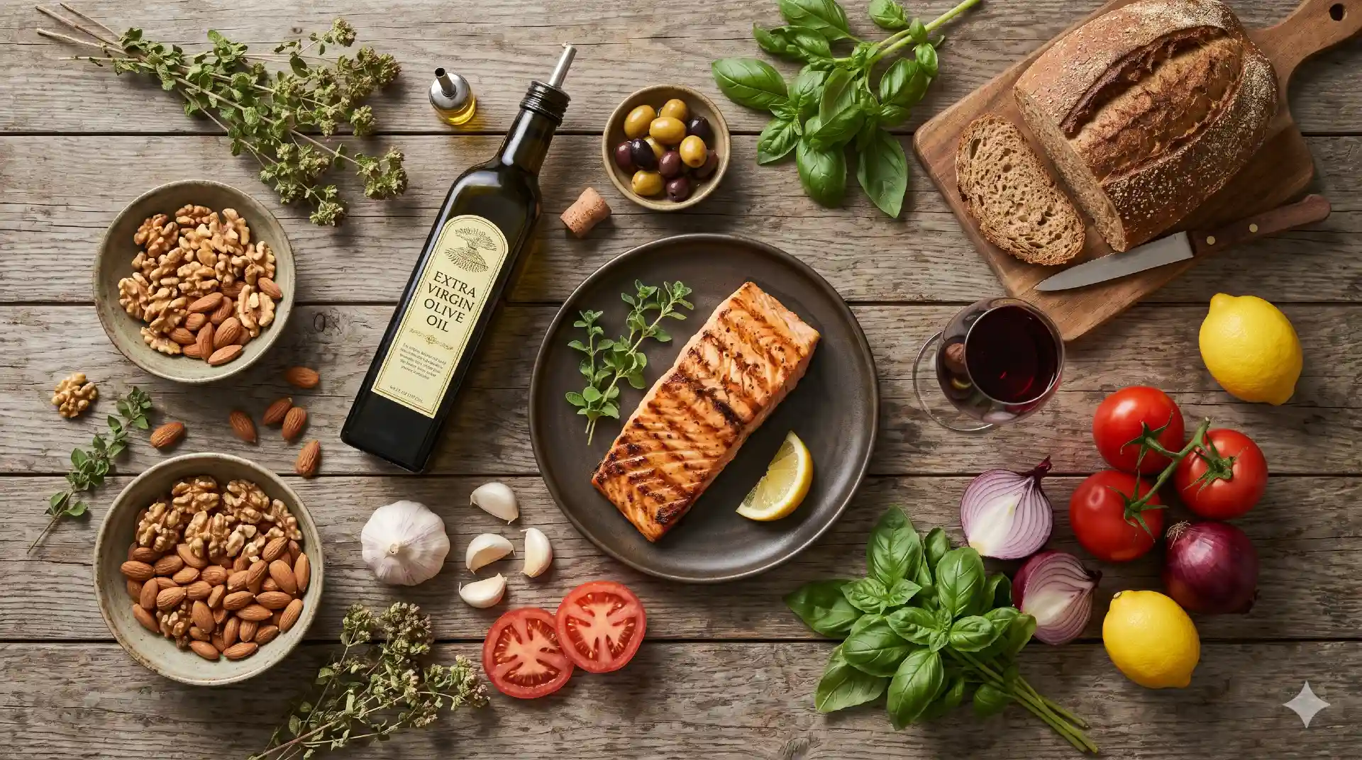 Mediterraan dieet flat lay met olijfolie, groente, vis en volkorenproducten