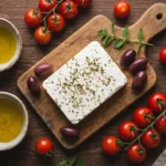 Blok feta met olijven, tomaat en oregano op een houten plank