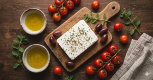 Blok feta met olijven, tomaat en oregano op een houten plank
