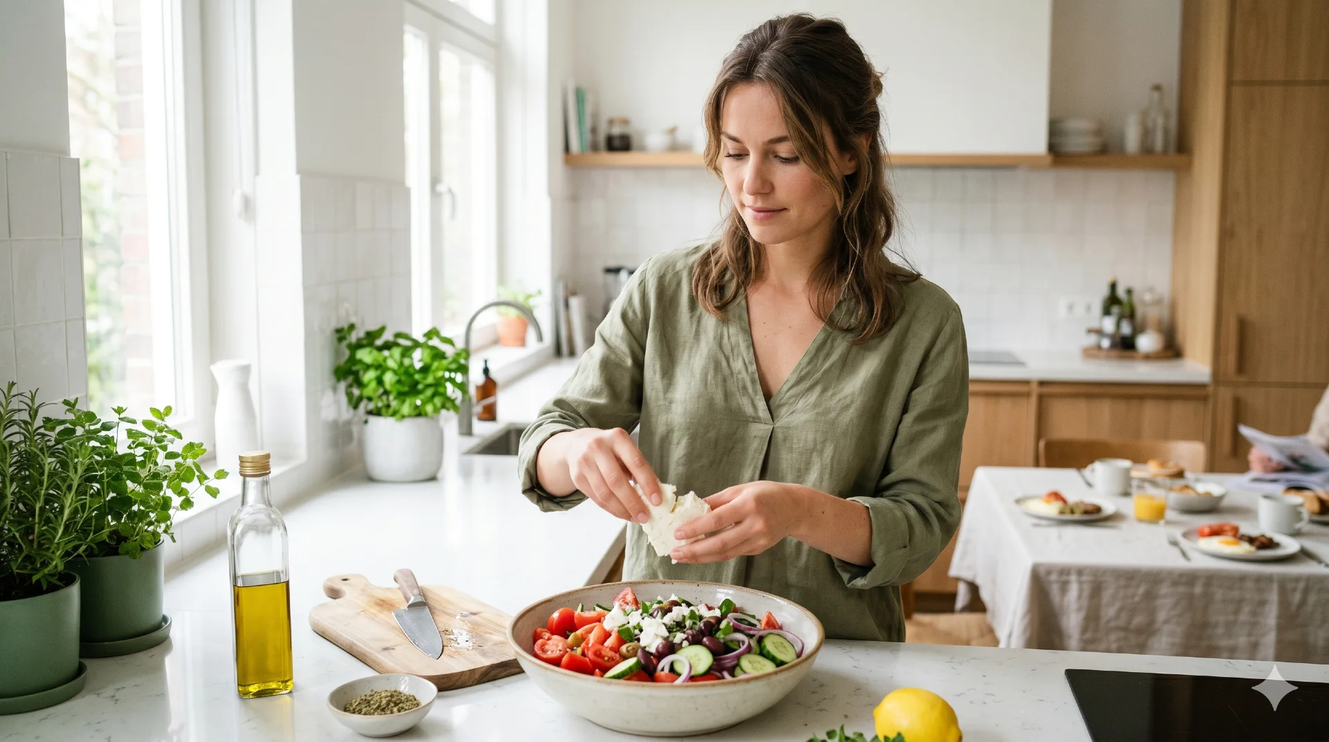 rouw bereidt Griekse salade met feta, olijven en tomaat in haar keuken 